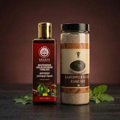 SUMMER ESSENTIALS COMBO: KARUPPU KAVUNI KANJI MIX (400g) + ASWAGANDA BALALAKSHADI THAILAM (100ml)