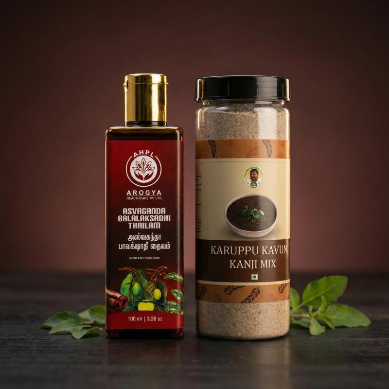 SUMMER ESSENTIALS COMBO: KARUPPU KAVUNI KANJI MIX (400g) + ASWAGANDA BALALAKSHADI THAILAM (100ml)